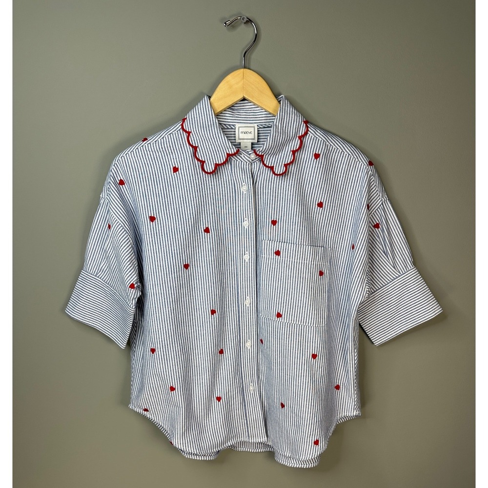Maeve Heart Embroidered Button Down Shirt Womens XXS Blue White Scalloped Collar